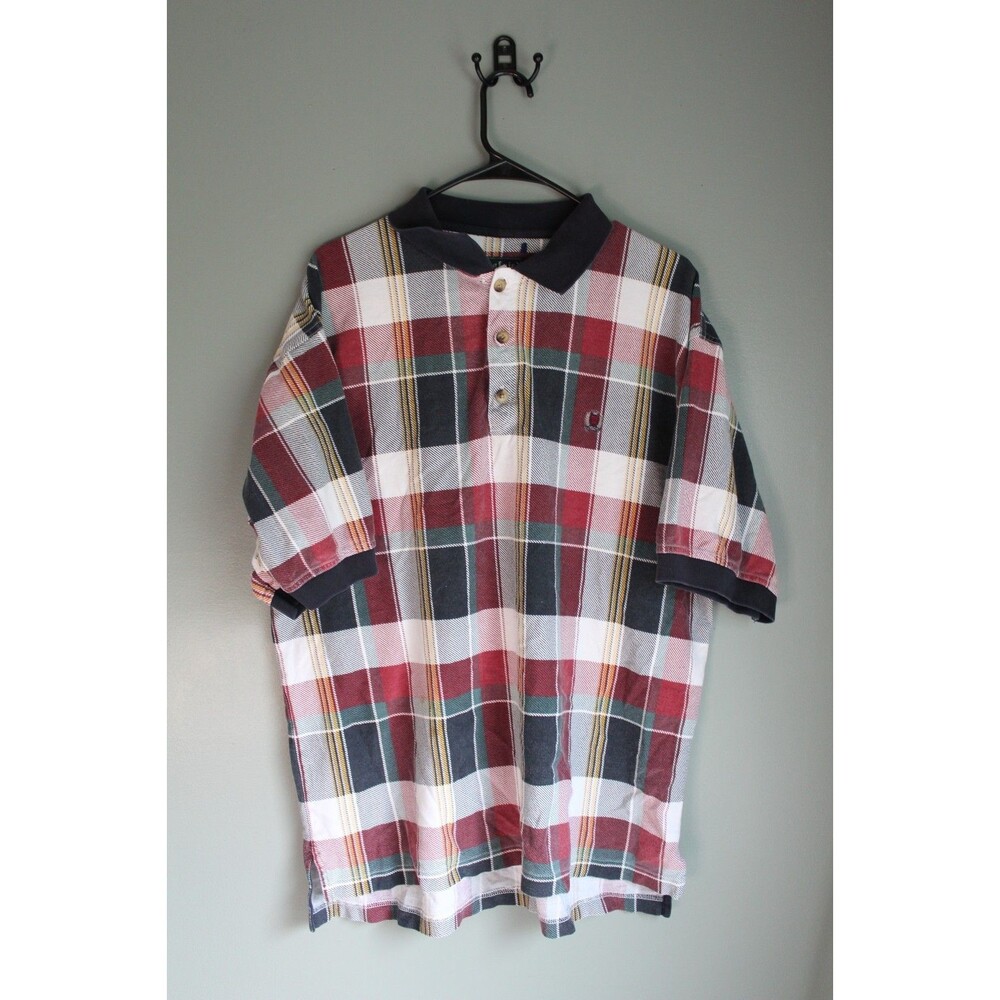 Vintage Siegfried Polo Shirt Mens XL Plaid Casual SMALL STAIN